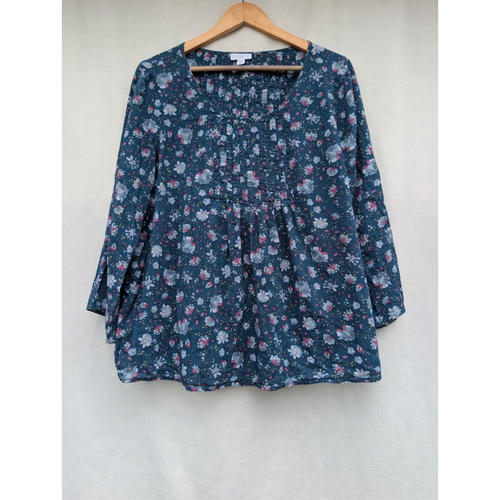 J. Jill Teal Floral Paisley Pintuck Cotton Gauze Blouse WTP247643 Womens Medium